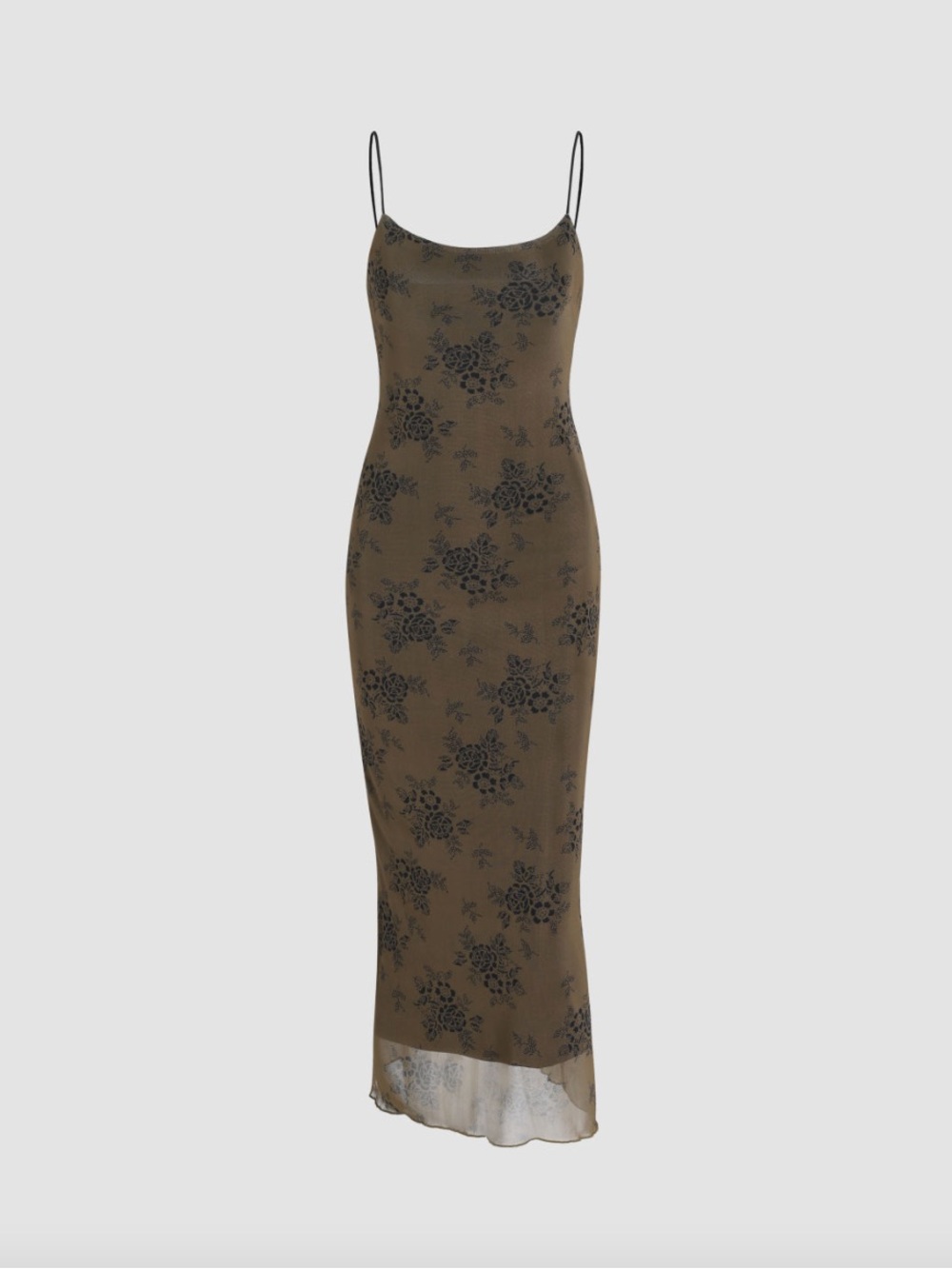 Olive Green Floral Slip Dress with Black Print